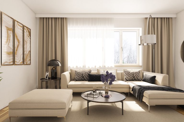 A cream colored living room with beige curtains and furnitures and cream colored rug, Do Curtains Provide Insulation?