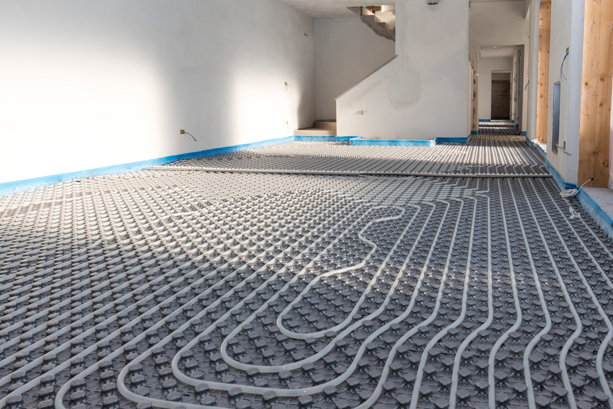 A physical layout of a radiant heating system inside a living room