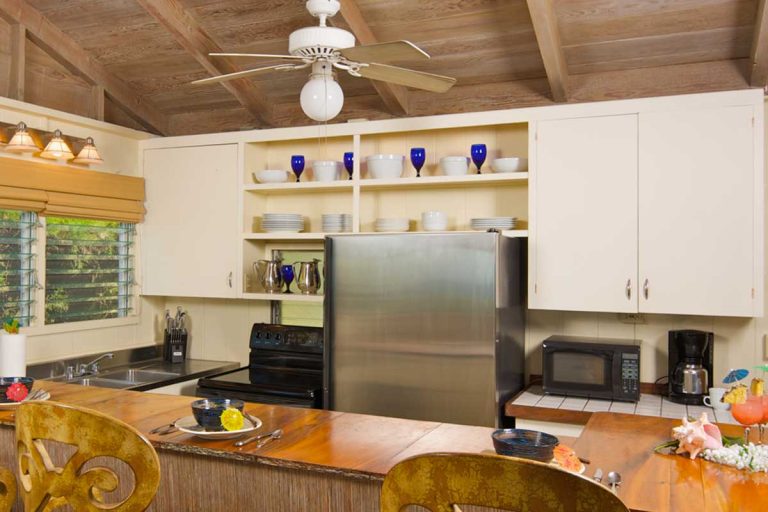 Tropical kitchen with ceiling fan and wooden interior, 5 Good Reasons To Put A Ceiling Fan In Your Kitchen