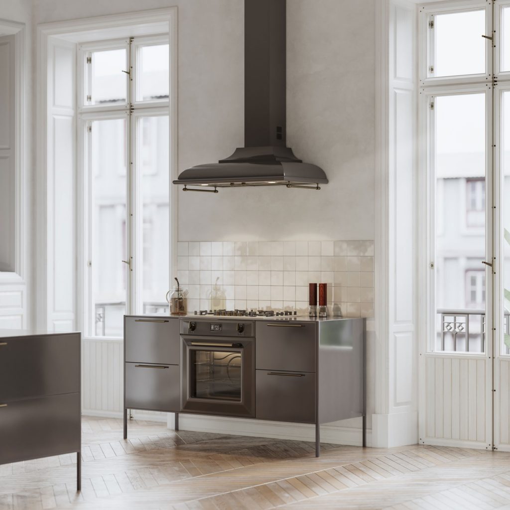 An industrial designed kitchen stove and oven with a range hood on top