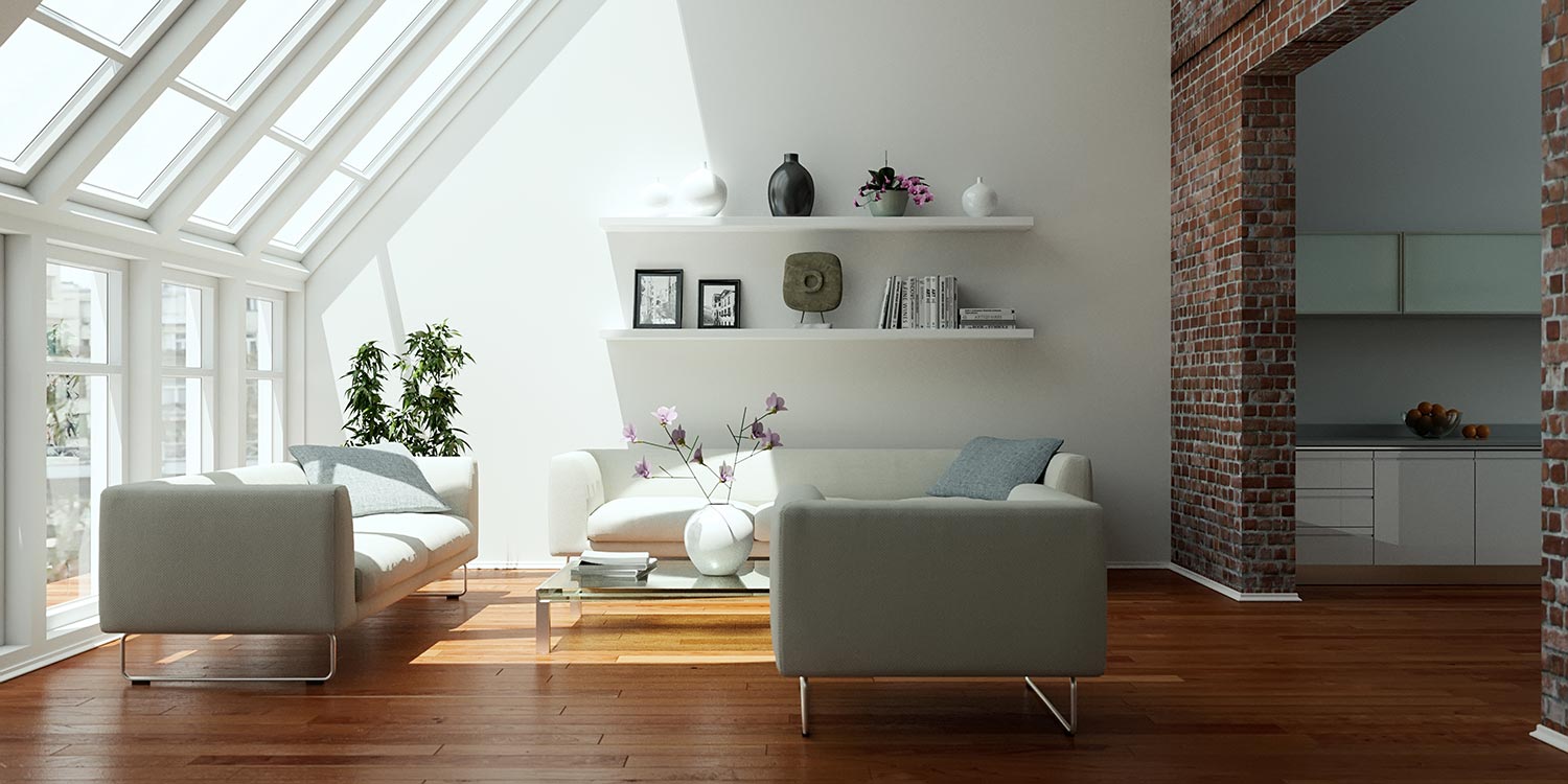 Modern bright flat interior design with sofas