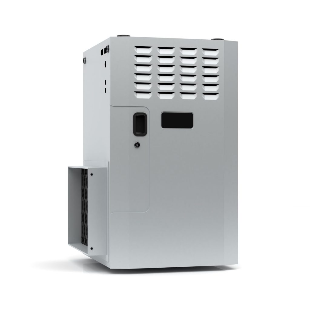 A gray gas furnace on a white background