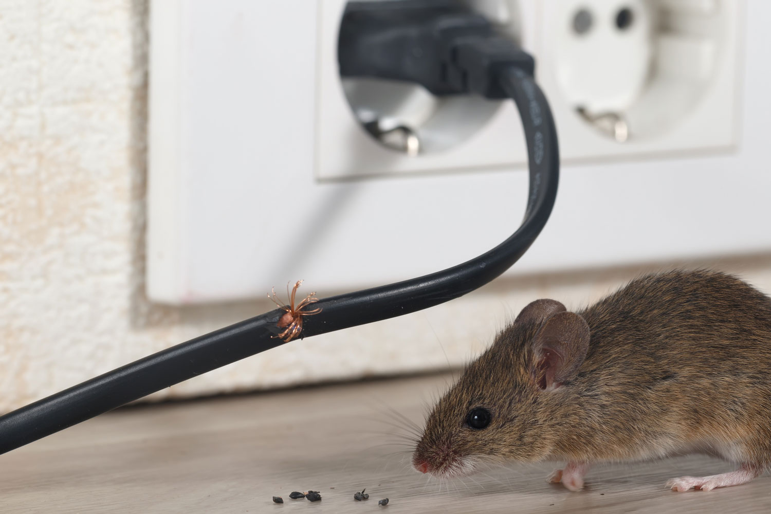 Close-up mouse sits near chewed wire in an apartment kitchen on the background of the wall and electrical outlet