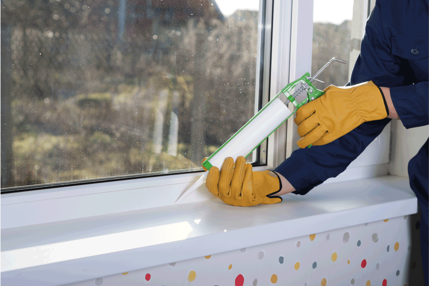 applying caulk, Silicone sealant on windows