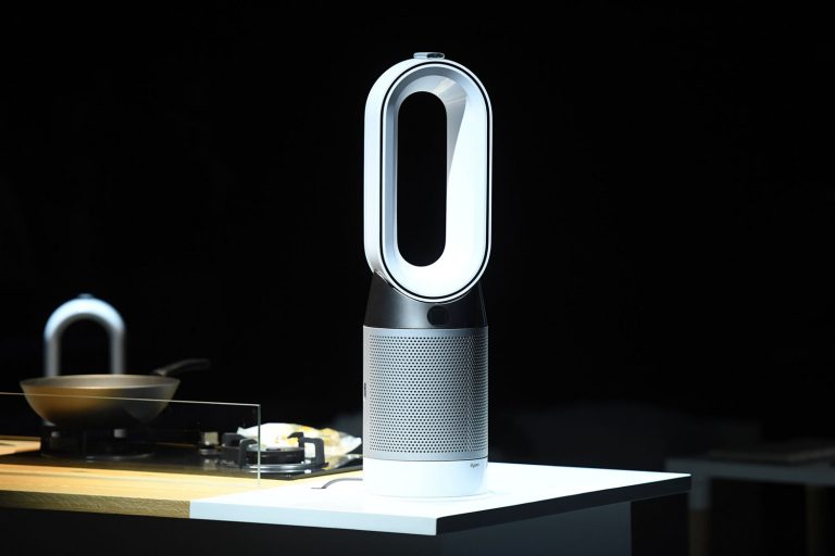 A Dyson Pure Hot Cool is on display at Dyson's new product launch event, Can You Leave A Dyson Fan On All The Time?