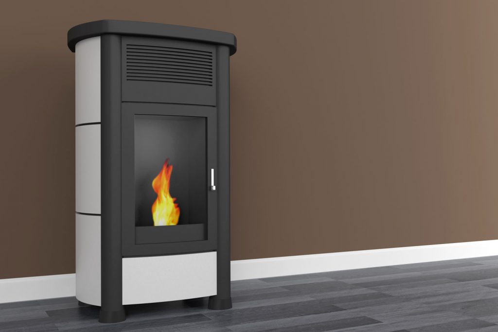 A rendered image of a residential pellet stove