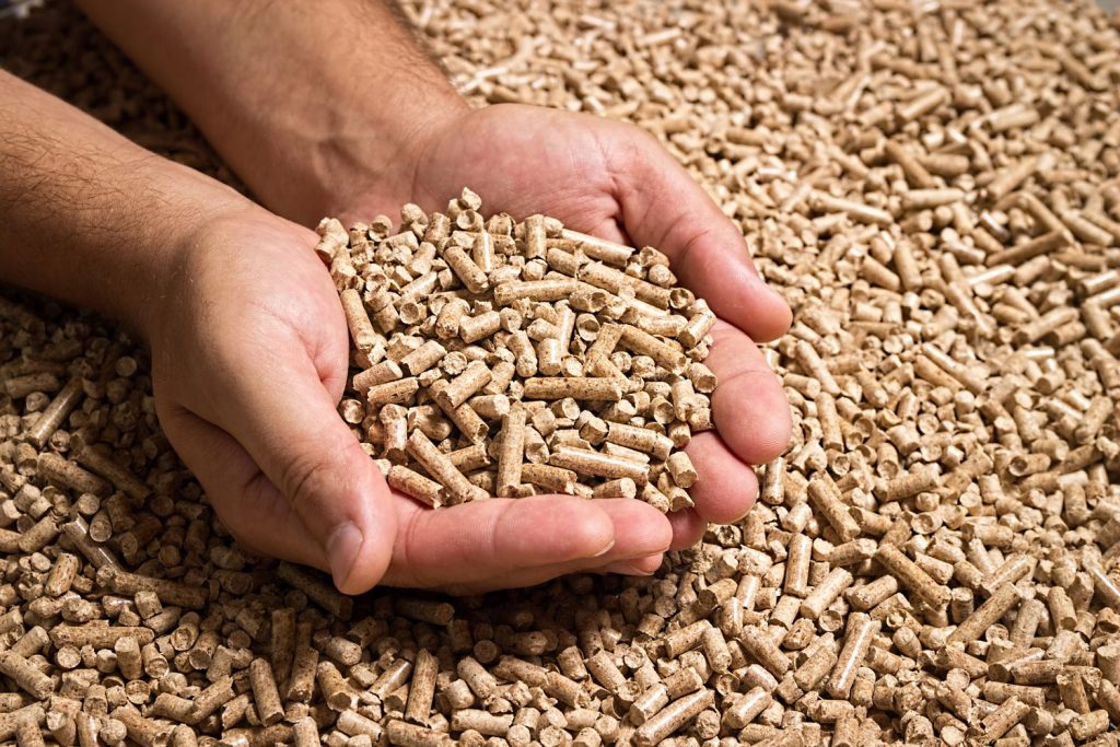 Holding a handful of wooden pellets