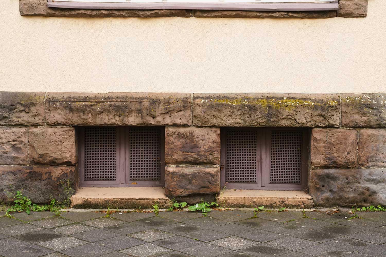 Two basement windows in a stone wall covered with metal mesh
