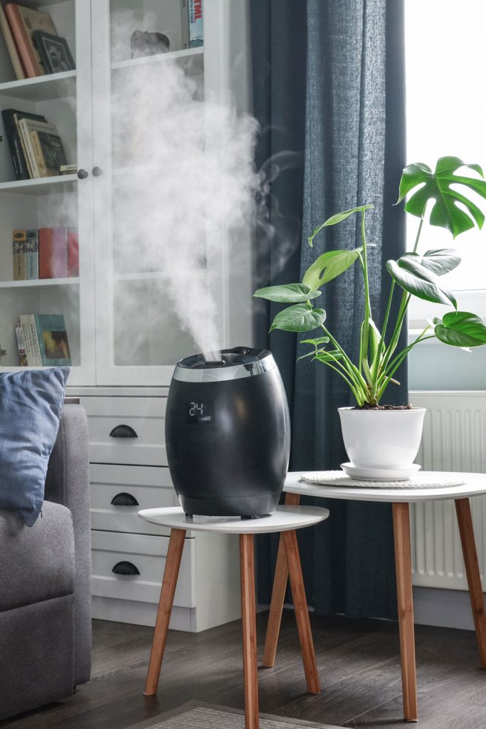 A black humidifier placed on a small table inside the living room