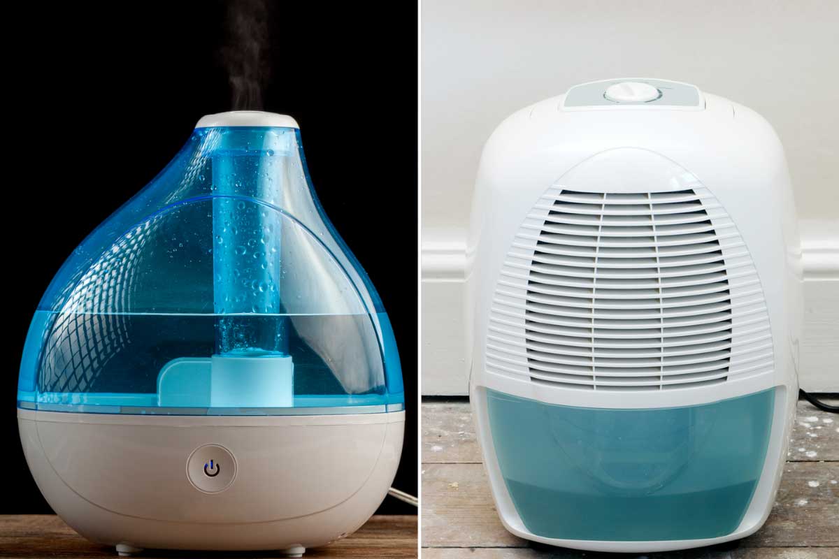 A collage of a humidifier and dehumidifier