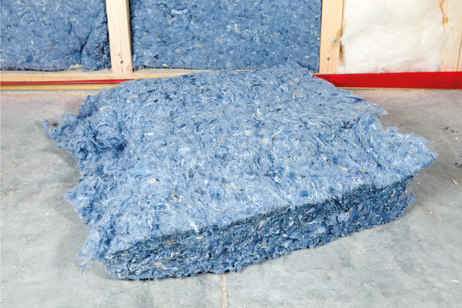 A small section of recycled blue jean denim insulation sits on a concrete floor near a stud wall frame