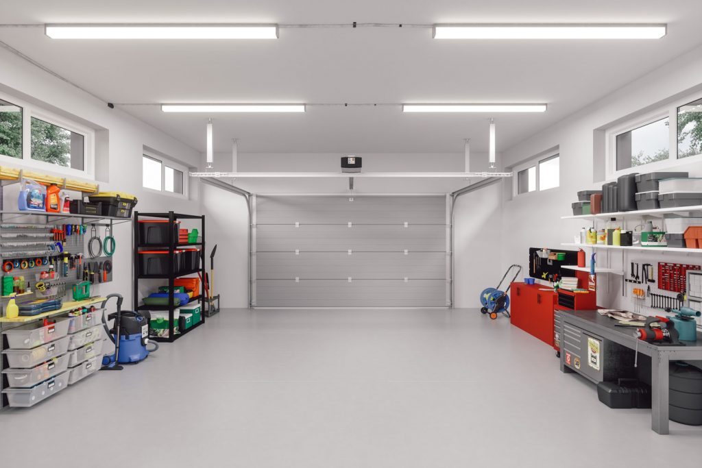 Interior of an empty modern garage in a house.