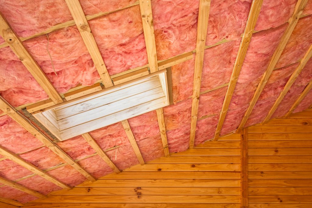 Pink fiberglass insulation in the attic