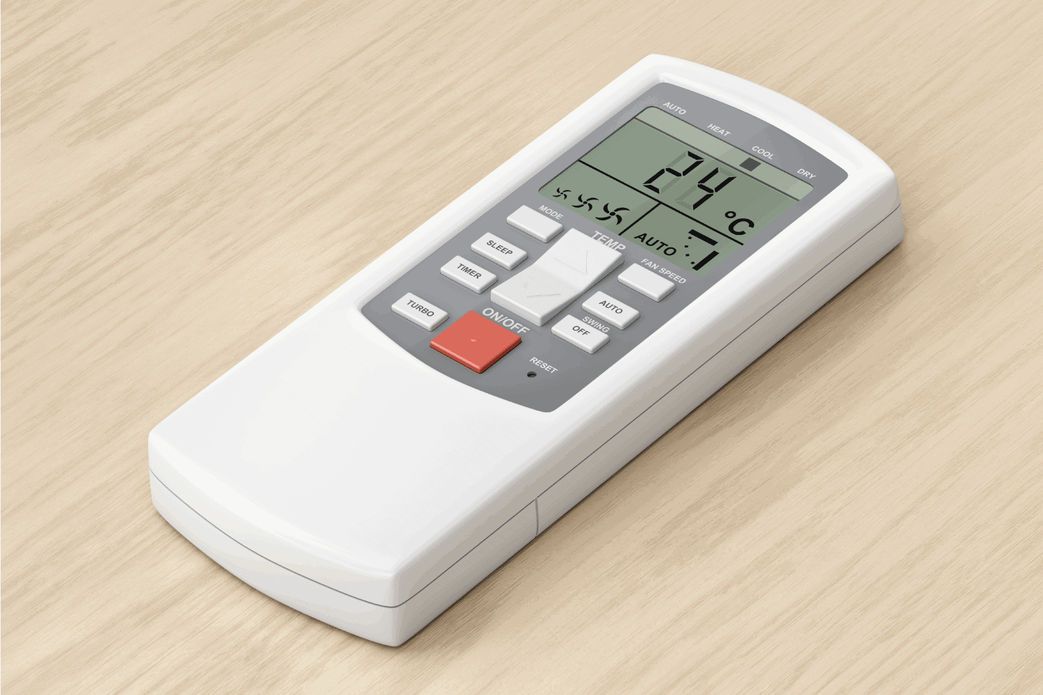 Remote control for air conditioner on wooden table