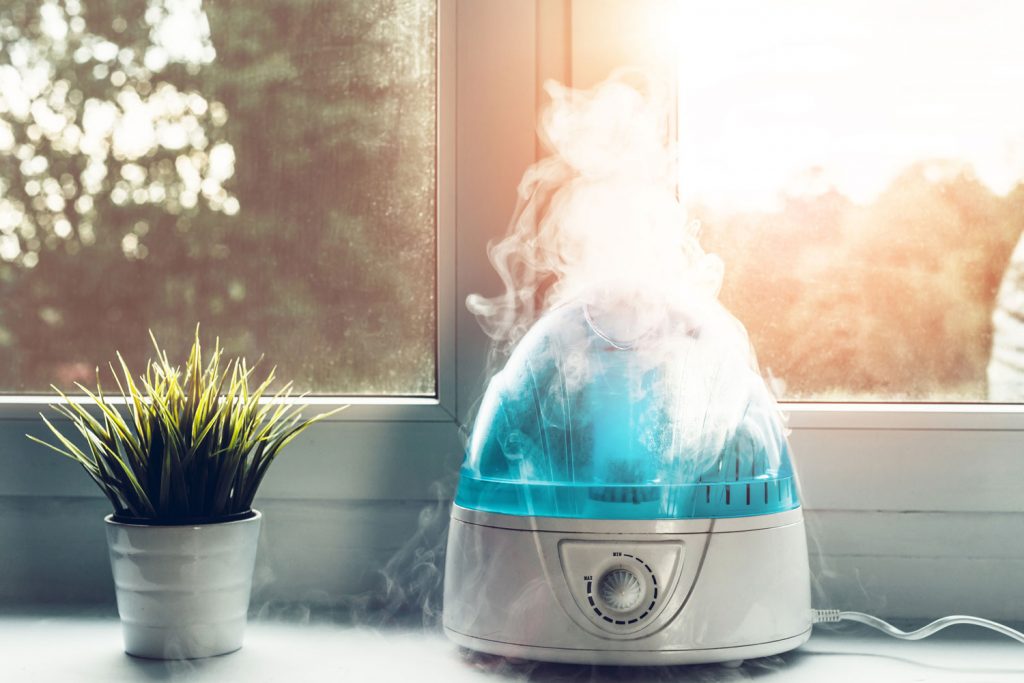 The white humidifier moistens dry air