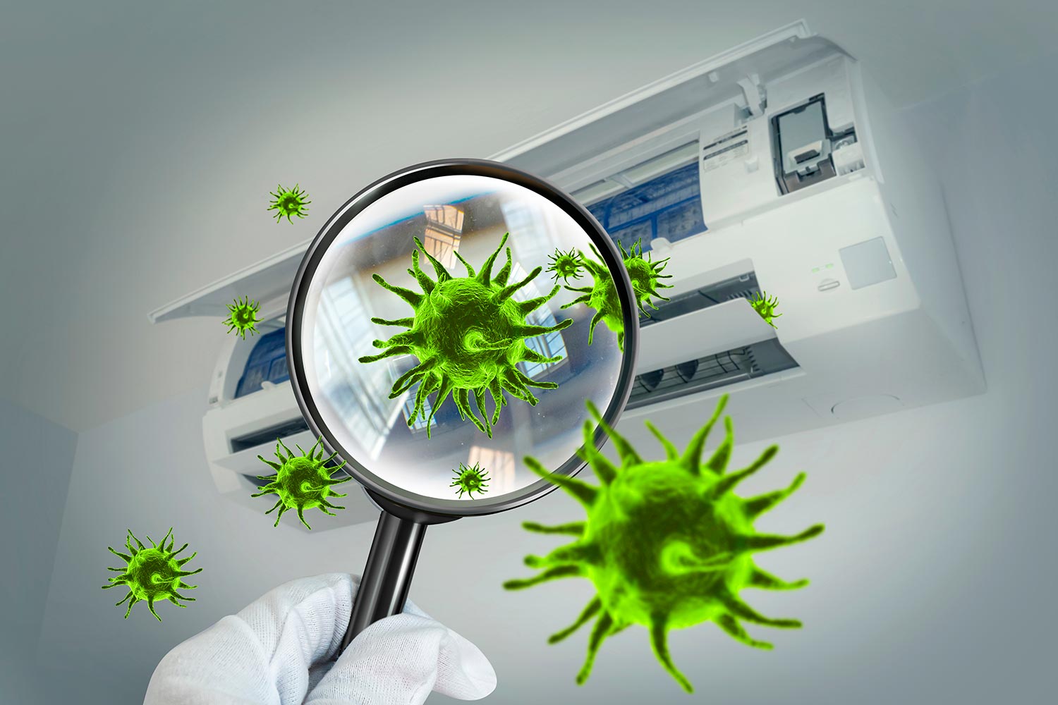 3D simulation of viruses inside the air conditioner by showing through a magnifying glass