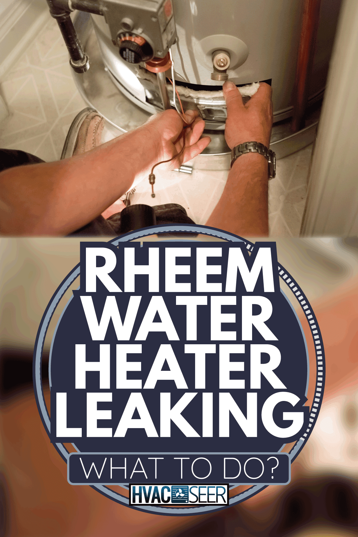 A man uses a flashlight to help him see the hot water heater in a dark closet. Rheem Water Heater Leaking—What To Do