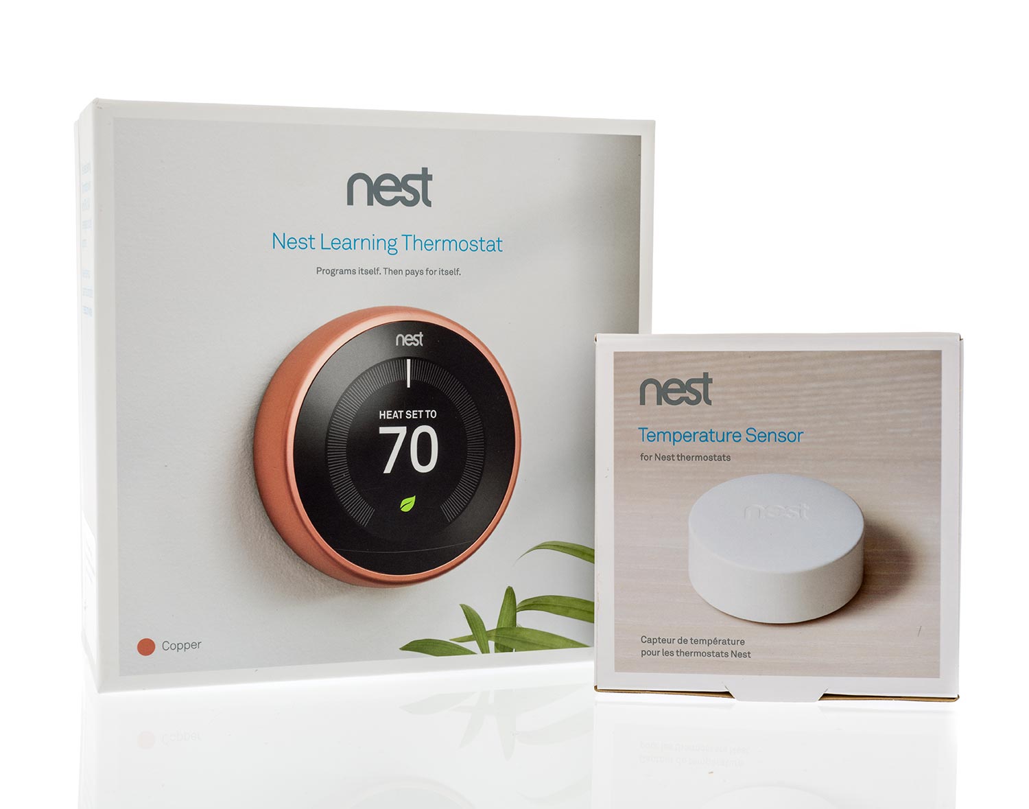 A package of Google Nest learning thermostat and Nest temperature sensor