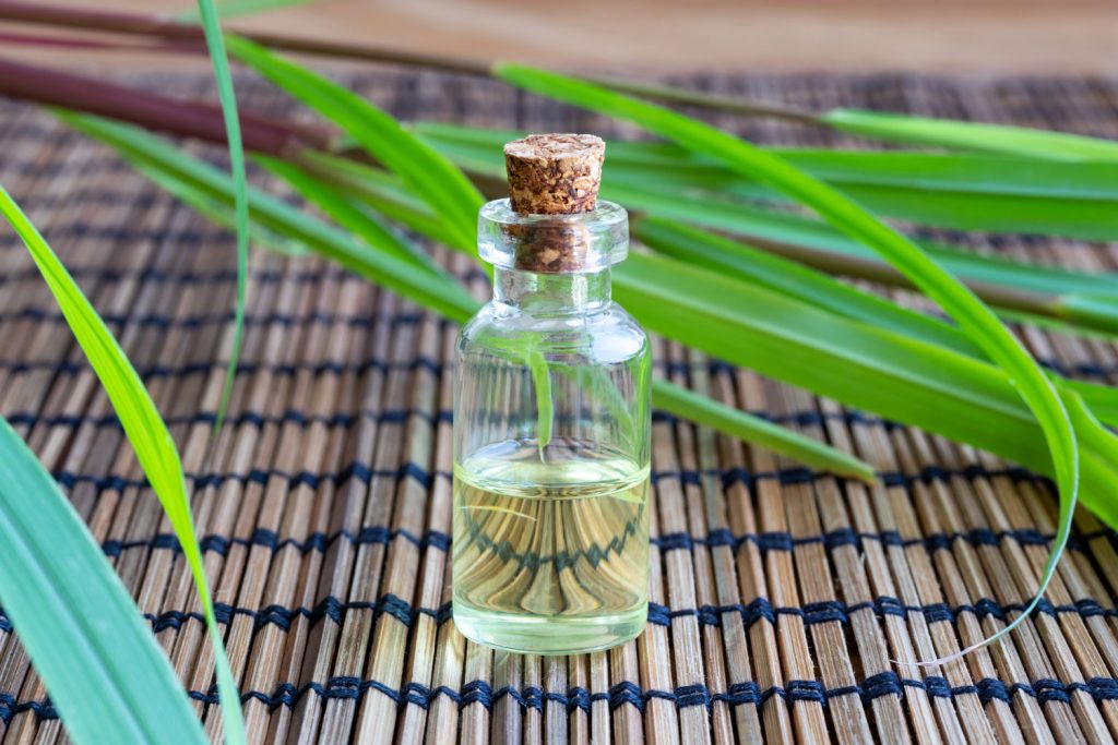 A small bottle of Lemon grass extract with lemon grass leaves on the back