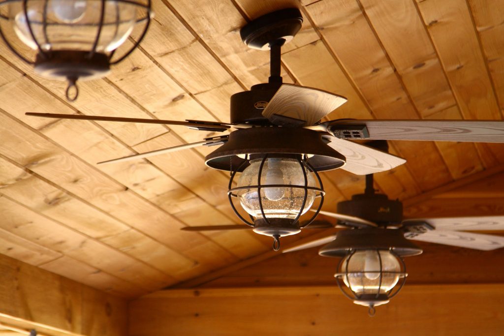 Ceiling fan in a wooden cabin