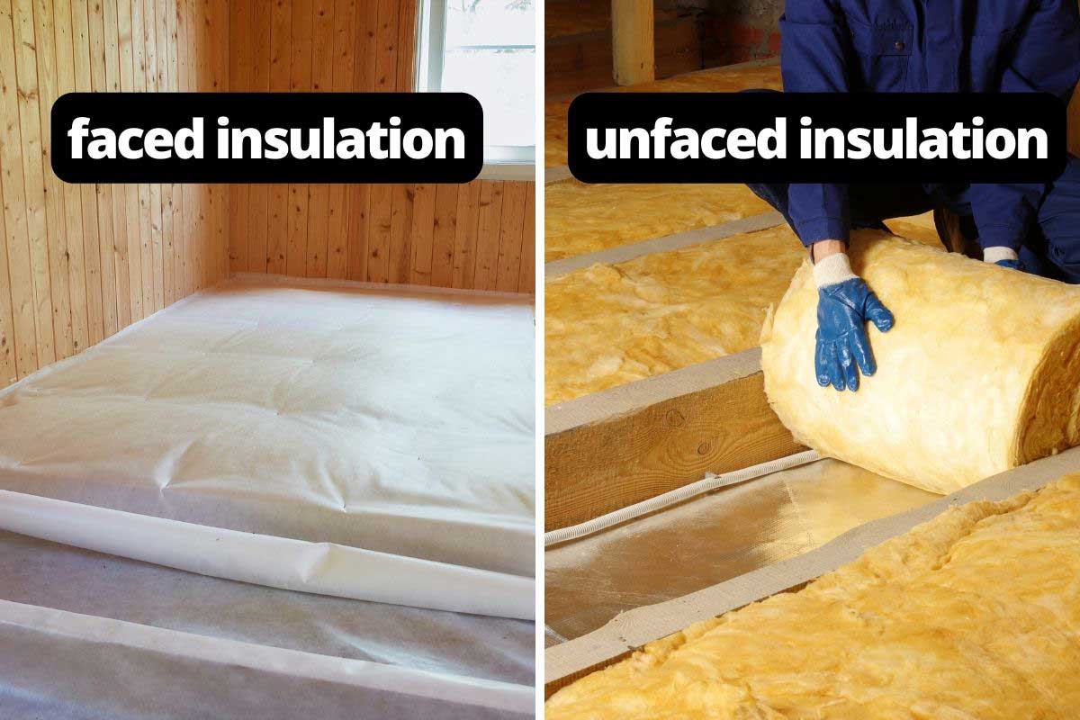 Collage of a faced insulation and unfaced insulation