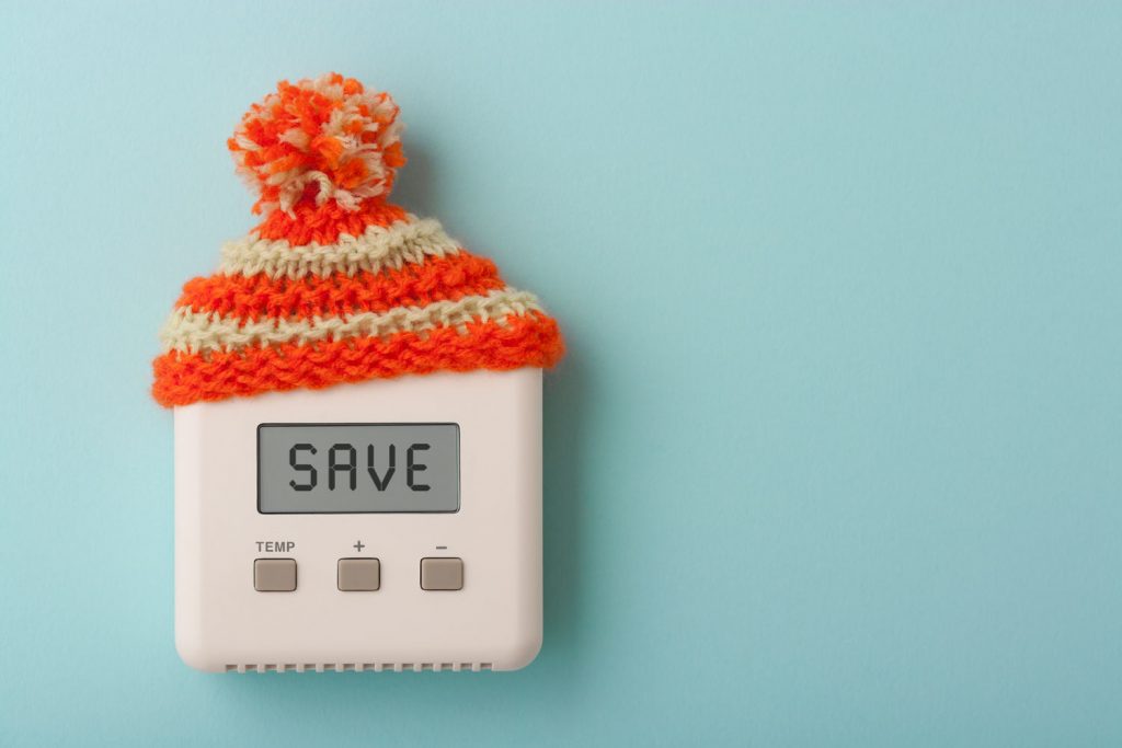 The word SAVE on a digital room thermostat wearing wooly hat.