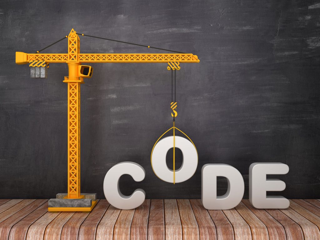 Tower Crane with CODE Word on Chalkboard Background - 3D Rendering