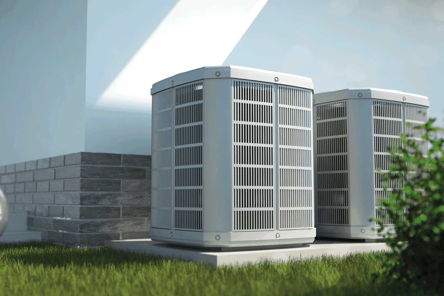 a pair of air heat pumps just outside the walls of a suburban house