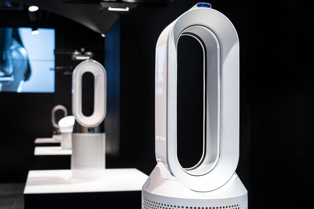 A white Dyson humidifier at a Dyson showroom
