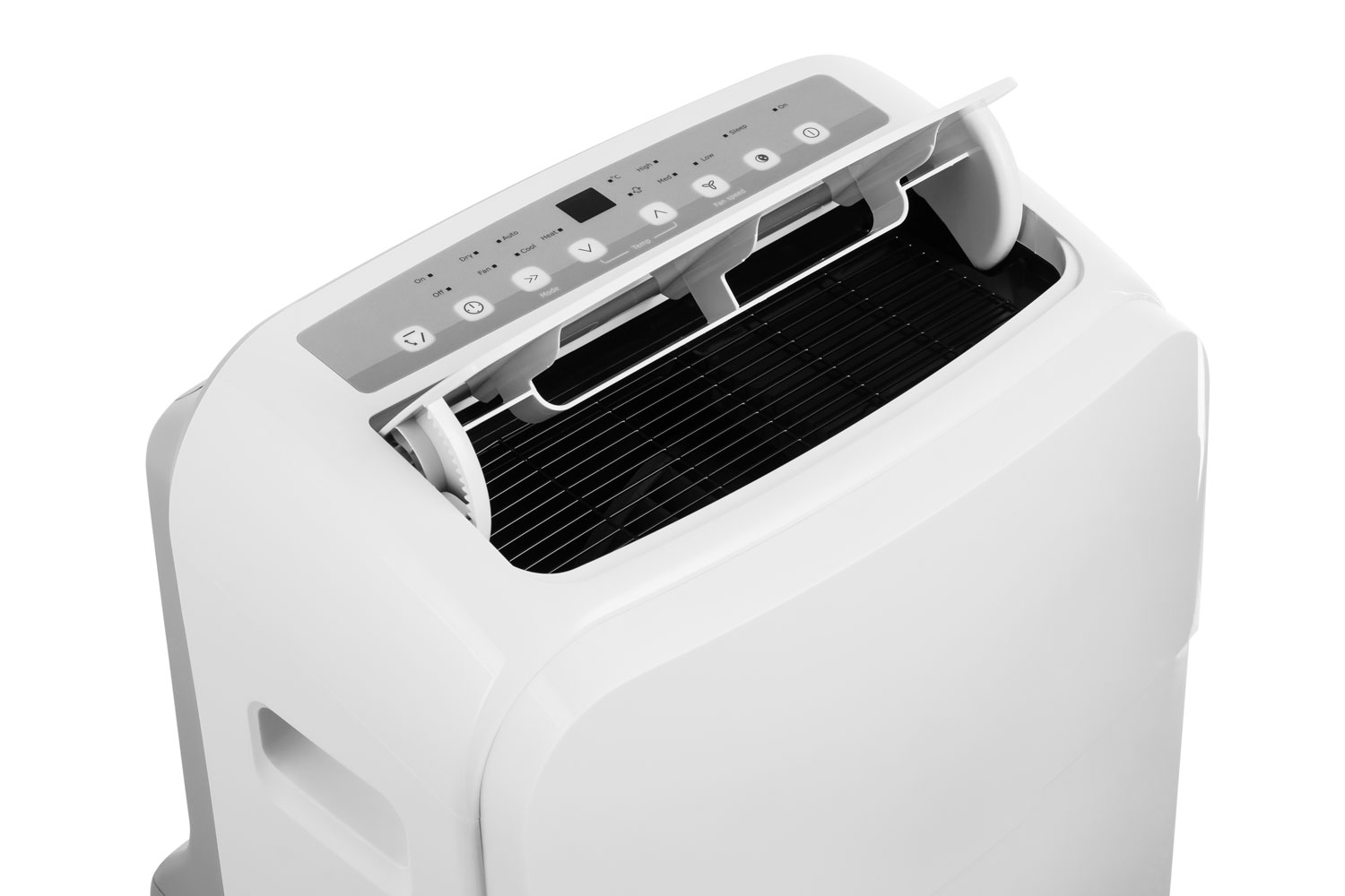 A white portable air conditioning unit on a white background