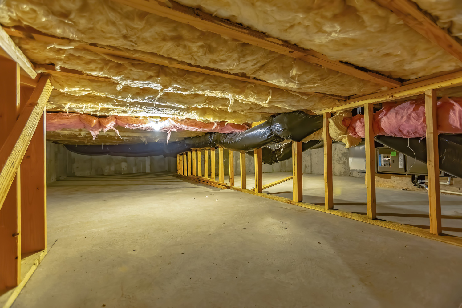 Basement or crawl space with upper floor insulation and wooden support beams.
