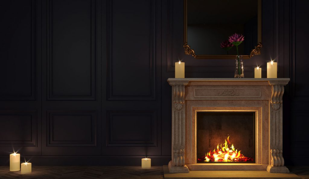 Classic fireplace in a vintage night room.