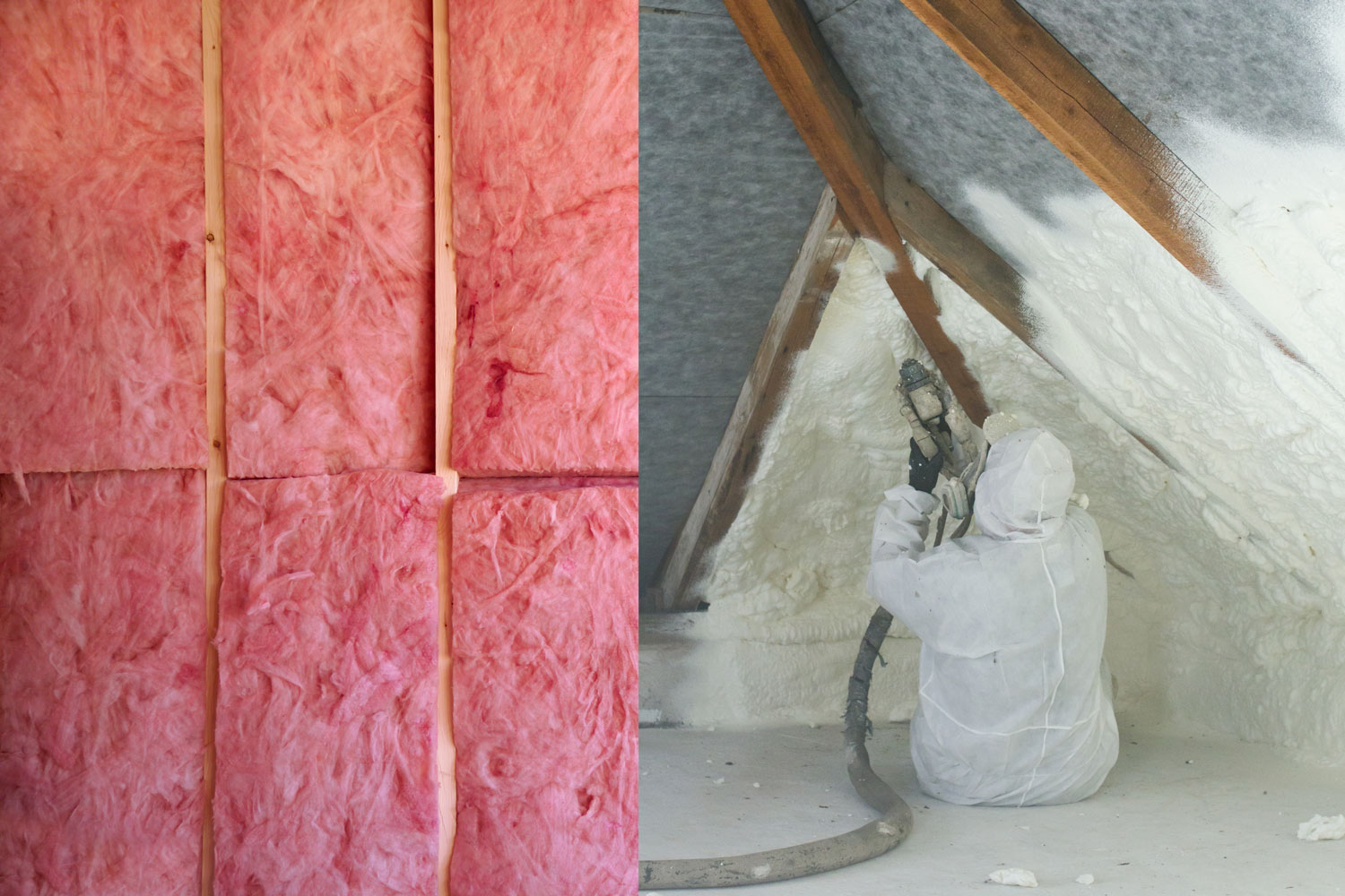 Collage photo of batt insulation and spray foam insulation