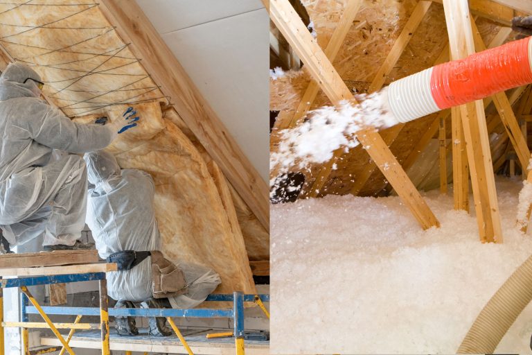 Collaged photo of workers installing different types of insulation, Batt Insulation Vs. Blown Insulation: Which To Choose?