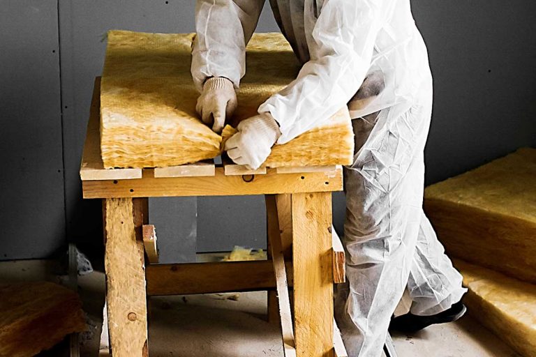 Man in protective clothing and face mask cuts the glass wool for insulation of walls in an unfinished building, How To Cut Rolls Or Batts Of Insulation