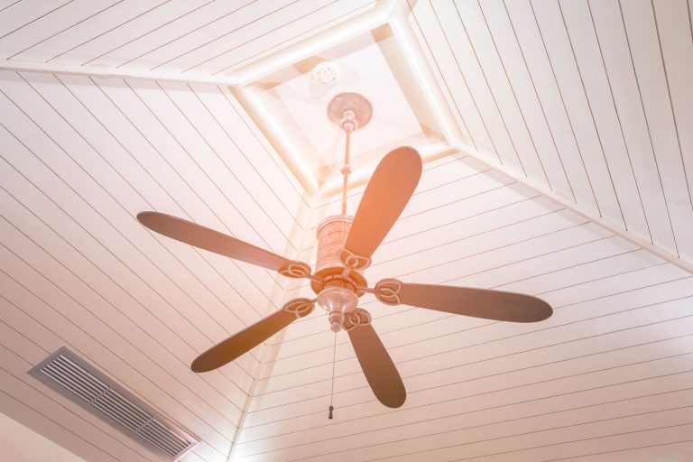 Vintage black ceiling fan with strip wood ceiling, How To Install A Ceiling Fan Without Existing Wiring