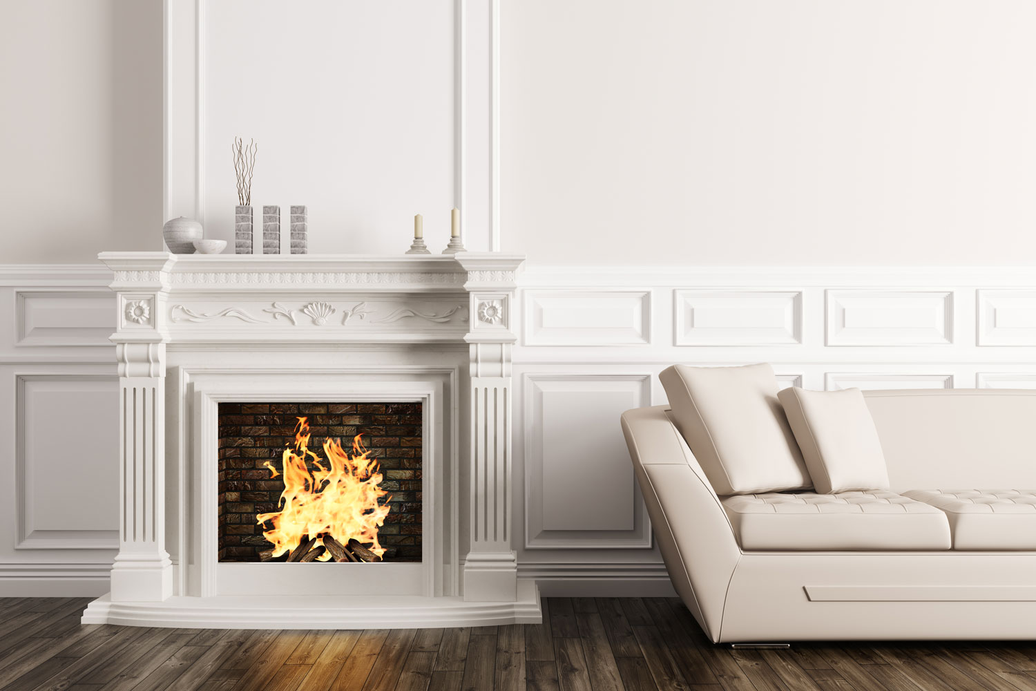 White mantel fireplace with an old mid century design