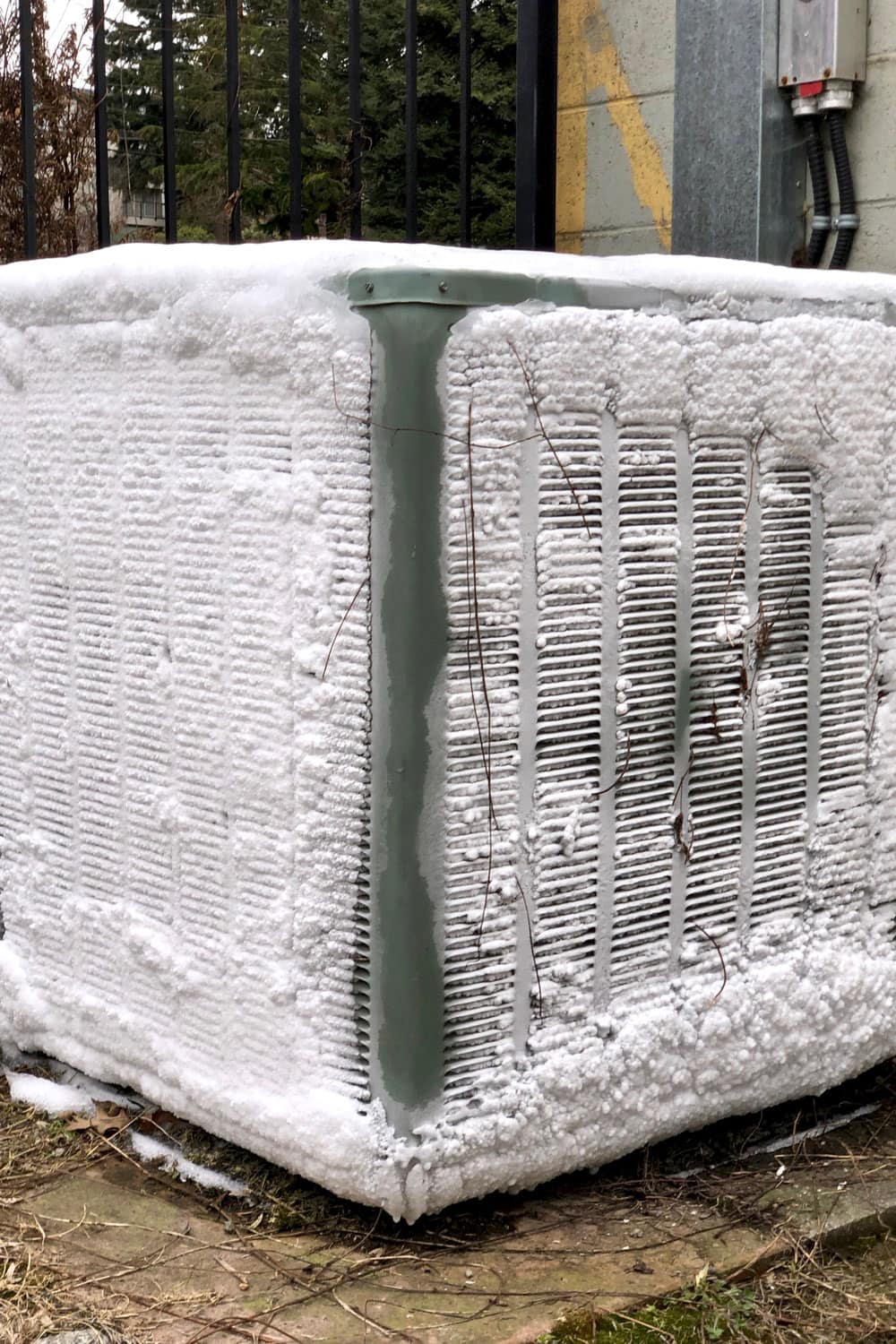 A frozen heat pump due to winter conditions 