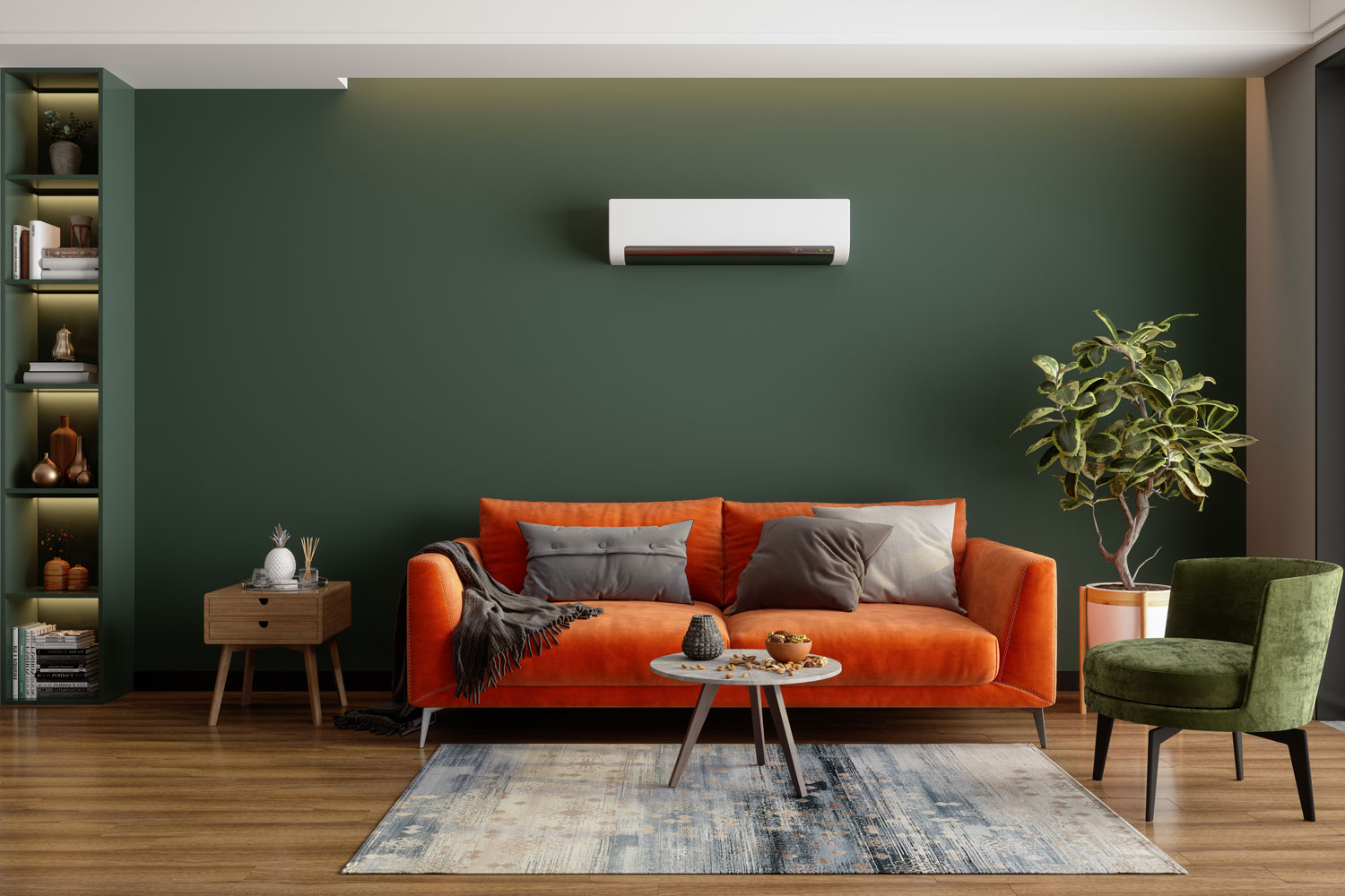 A green living area incoporated with an orange sofa, wooden flooring and a mini split air conditioning unit