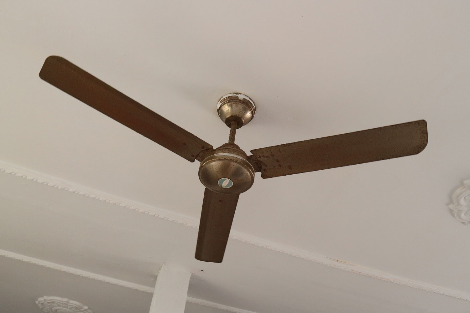A wooden blade ceiling fan inside a bedroom 
