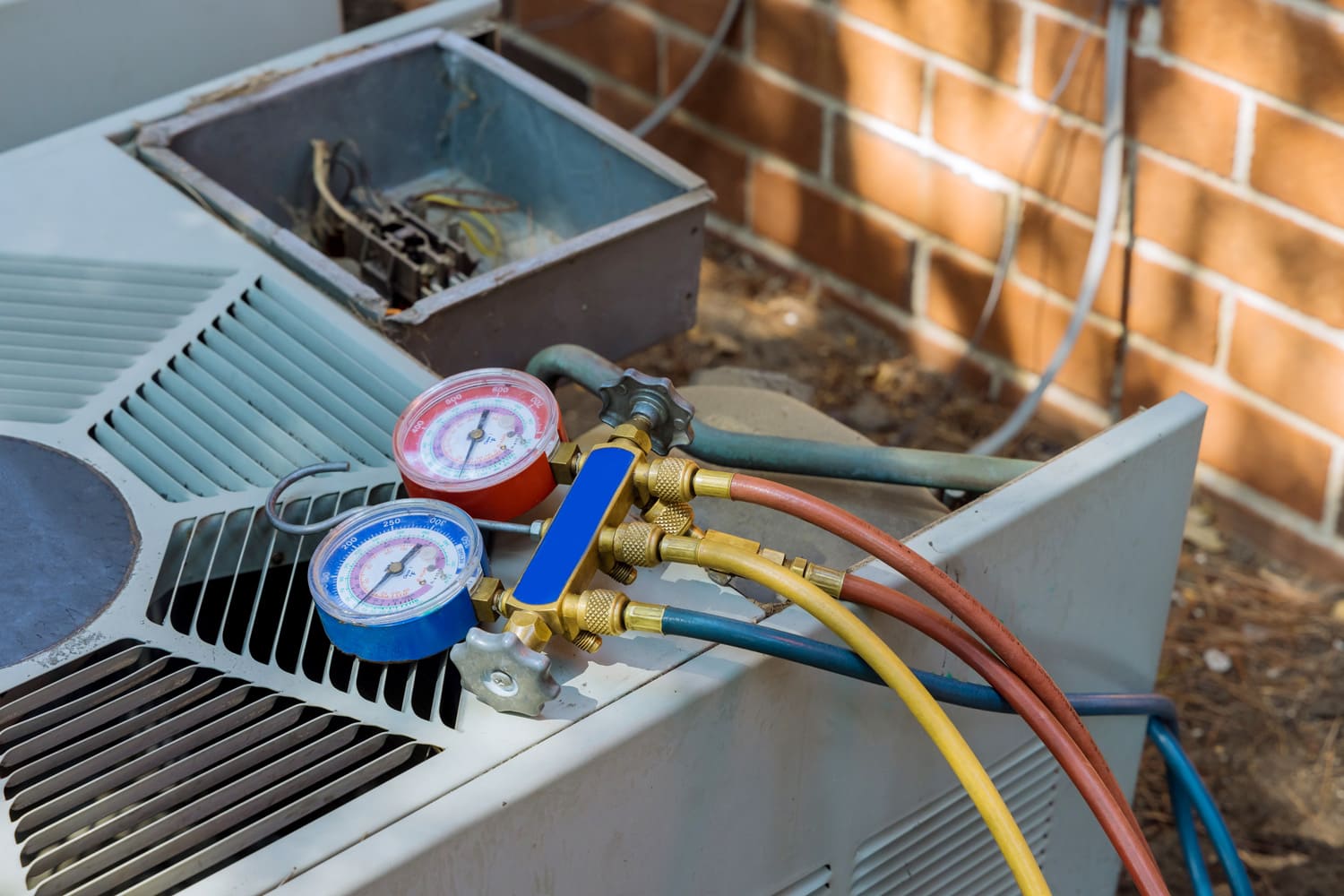 Air conditioning for technician is checking air conditioner measuring equipment repairing and servicing