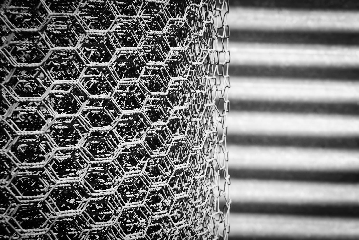 Chicken wire in front of a galvanized sheet metal