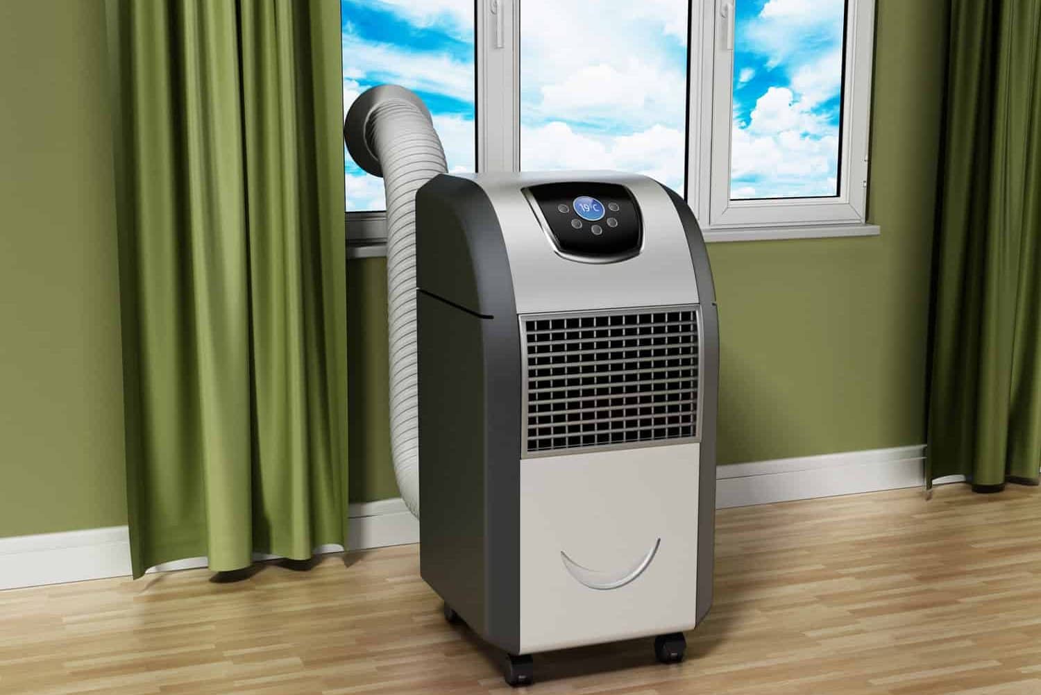 Generic portable air conditioner standing near the window in the room.