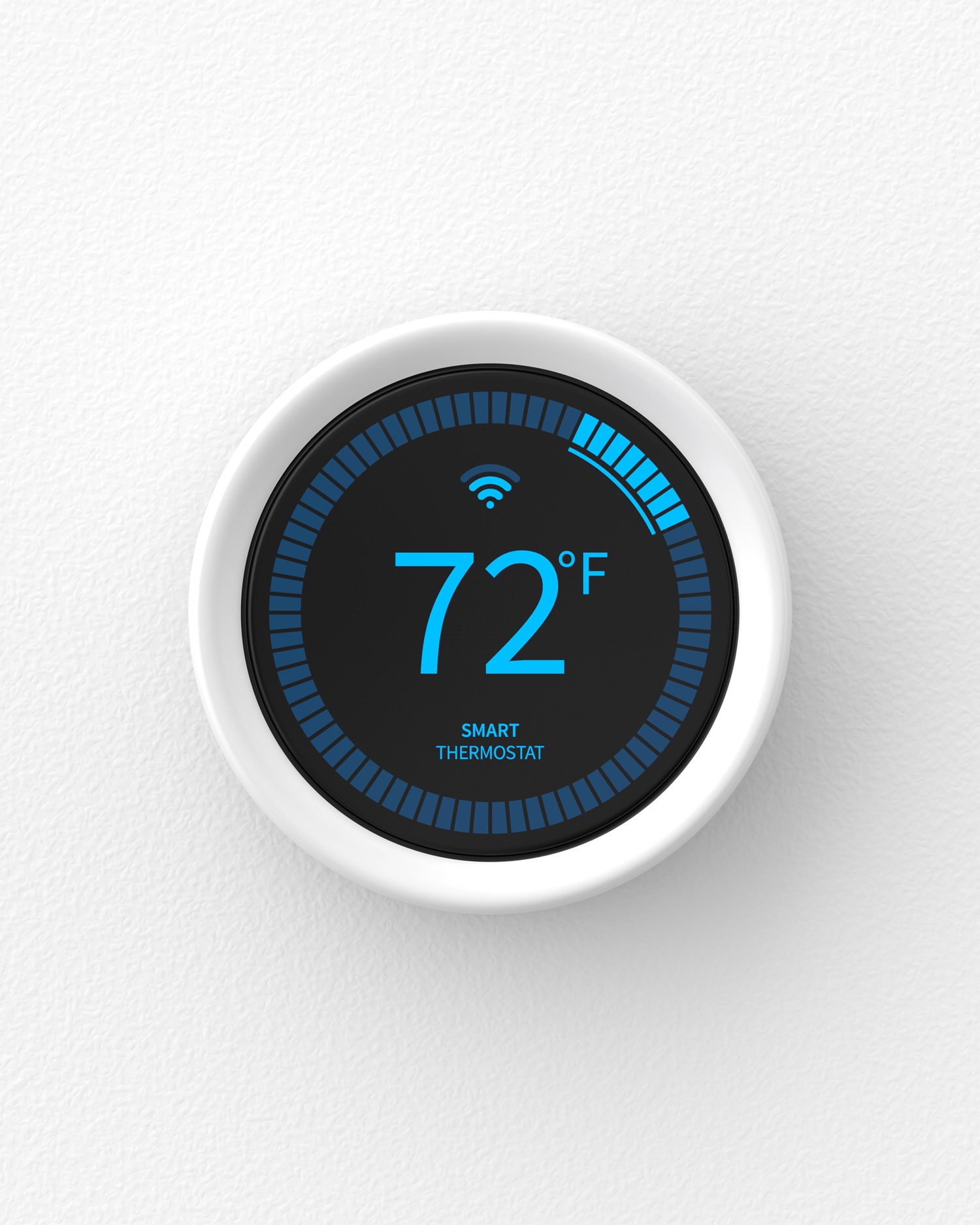 Smart thermostat mounted on a white wall. 3d render.