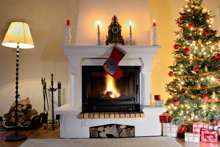 Christmas style on fireplace in living room with floor mat, How High should a fireplace mantel be?