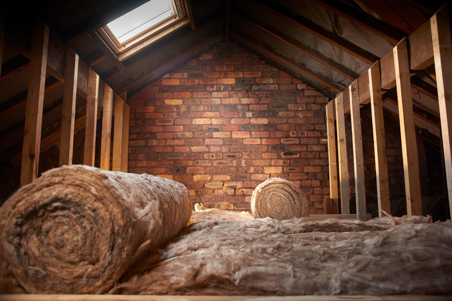 rolls of insulation partially installed in a loft space.