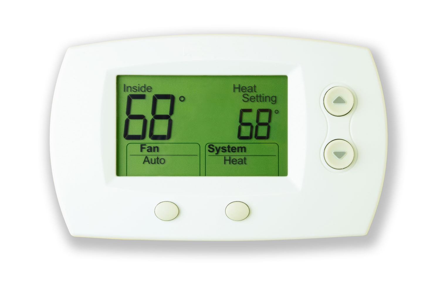 A thermostat set to 68 degrees on a white background