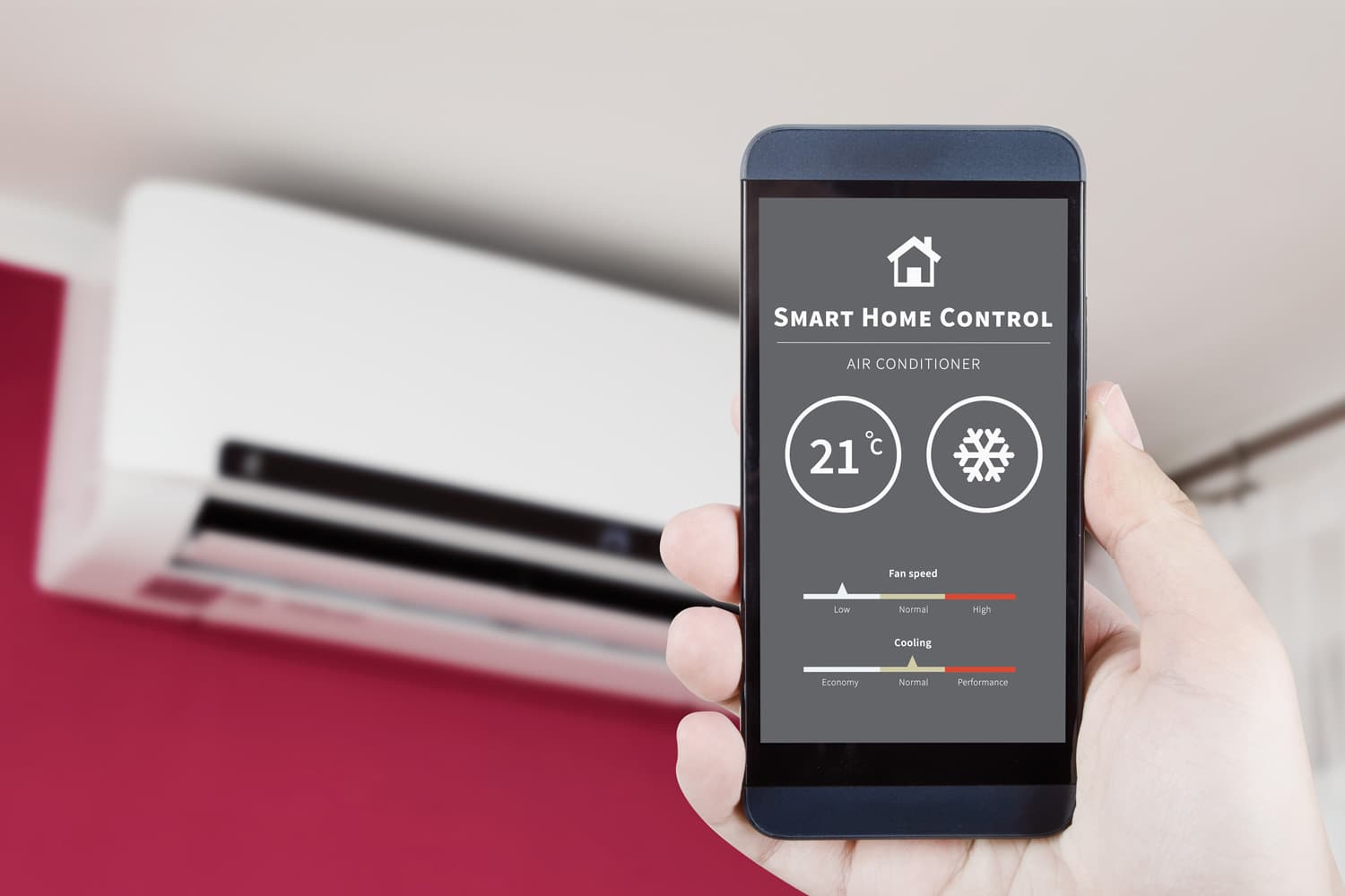 Air conditioner remote control with smart home system on digital device.