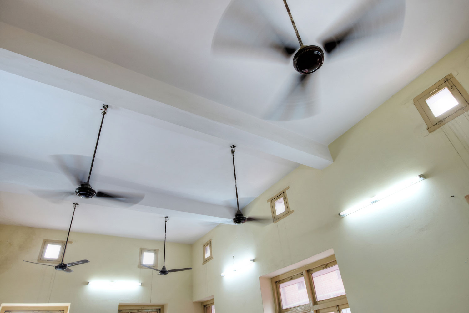 Black ceiling fans inside a small room