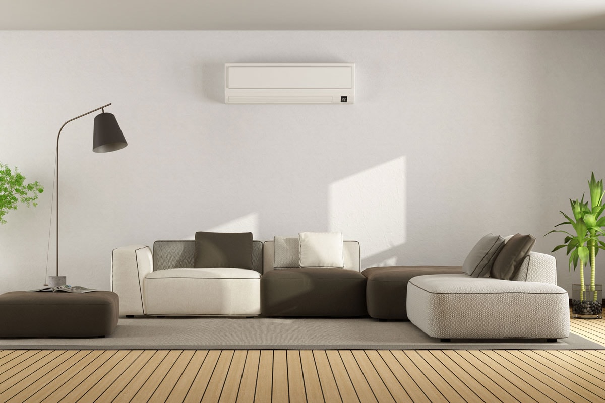Minimalist living room with sofa and air conditioner